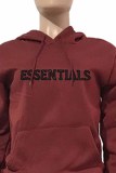 Burgundy Casual Print Letter Hooded Collar Long Sleeve Two Pieces