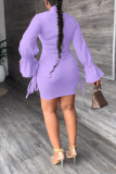 Фиолетовые повседневные однотонные платья с завязками и V-образным вырезом
