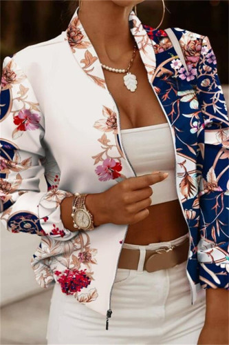 Blue White Casual Print Patchwork Cardigan Outerwear