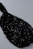 ブラック セクシー フォーマル パッチワーク くり抜き スパンコール バックレス スリット ターンバック カラー イブニングドレス ドレス
