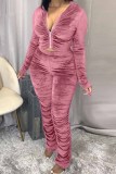 Pink Fashion Sexy Adult Pleuche Solid Fold Hooded Collar Long Sleeve Regular Sleeve Regular Two Pieces