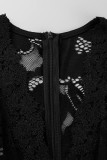 Macacão preto moda casual patchwork transparente com decote em V