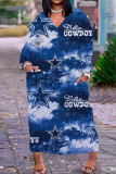 The cowboy blue Casual Print Patchwork V Neck Straight Dresses