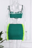 Green Sexy Print Patchwork Backless Spaghetti Strap Sleeveless Two Pieces