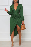 Purple Casual Solid Patchwork Fold V Neck Long Sleeve Dresses
