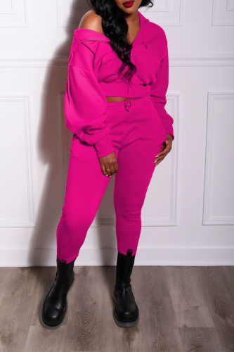 Rose Red Street Solid Patchwork Hooded Collar Long Sleeve Two Pieces