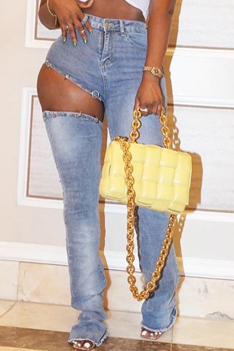 

Blue Street Patchwork Hollowed Out High Waist Skinny Denim Jeans