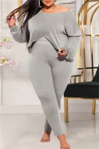 Grey Casual Solid Patchwork O Neck Plus Size Two Pieces
