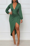 Grön Casual Solid Patchwork Vik V-hals långärmade klänningar