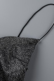 Schwarzes, sexy, festes, rückenfreies Patchwork-Kleid mit V-Ausschnitt