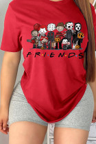 T-shirts à col rond et patchwork imprimés de rue décontractés rouges