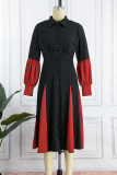 ブラック カジュアル パッチワーク コントラスト ターンダウン カラー ロング スリーブ ドレス