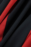 Vestidos pretos casuais patchwork contraste gola redonda manga longa
