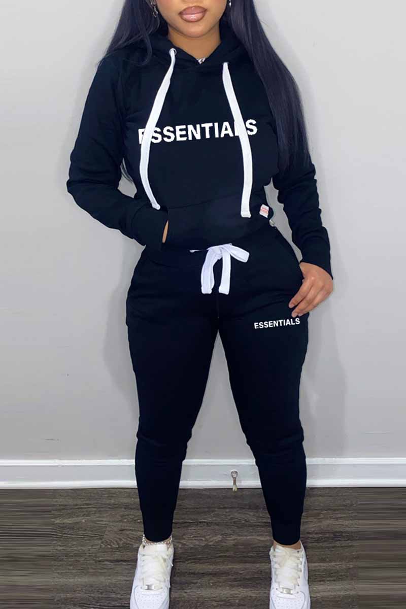

Black Elegant Print Letter Hooded Collar Long Sleeve Two Pieces