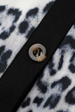 Brown Casual Print Leopard Patchwork mit Gürtel Turndown-Kragen Langarm-Kleider