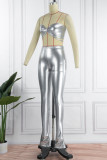 Silver Sexy Casual Solid Backless Strapless Sleeveless Two Pieces
