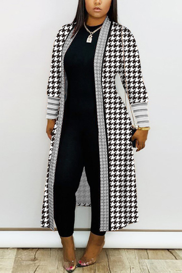 Prendas de abrigo de talla grande con cuello de cárdigan con estampado diario informal en blanco y negro
