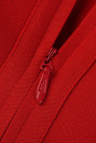 赤いセクシーな無地パッチワーク スリット O ネック ノースリーブ ドレス