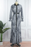 Brun Casual Print Leopard Patchwork med bälte turndown krage Långärmade klänningar
