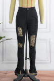 Jeans skinny strappati casual a vita alta strappati leopardati neri