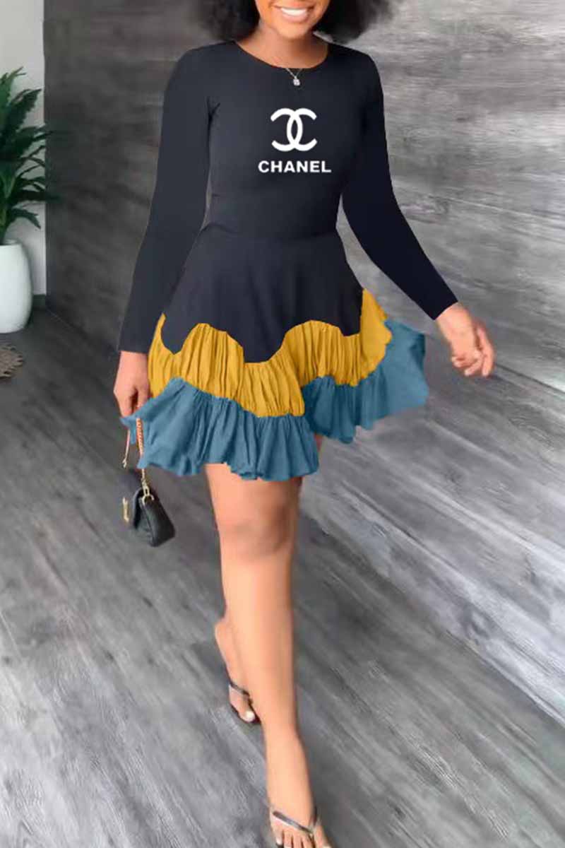 

Blue Black Sweet Print Patchwork Letter Cake Skirt Dresses