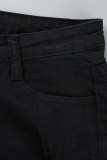 Schwarze, lässige, zerrissene Patchwork-Jeans mit hoher Taille und hoher Taille