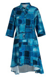 Black Fashion Casual Print Patchwork Turndown Collar Shirt Dress