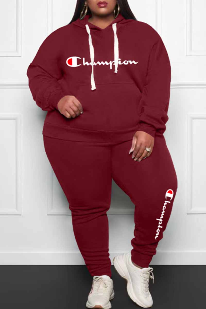 Burgundy Elegant Print Letter Hooded Collar Plus Size Two Pieces