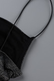 Zwarte sexy effen patchwork rugloze jurk met V-hals sling
