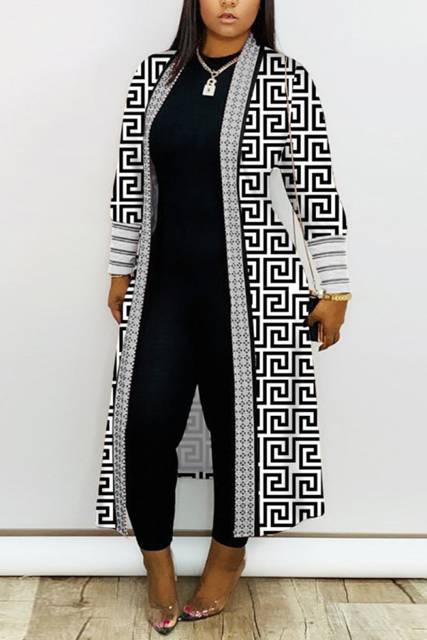 Prendas de abrigo de talla grande con cuello de cárdigan con estampado diario informal blanco y negro