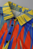 Yellow Blue Fashion Casual Print Patchwork Turndown Collar Shirt Dress