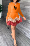 Tangerine Red Casual Print Flounce O Neck Cake Jupe Robes