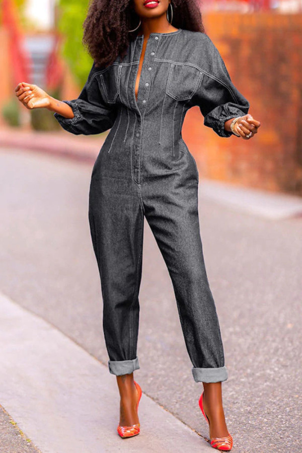 Black Casual Solid Patchwork Buckle O Neck Long Sleeve Denim Jumpsuits