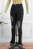 Jeans skinny preto casual leopardo rasgado patchwork cintura alta