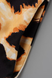 Robe chemise noire à col rabattu et patchwork à imprimé décontracté