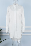 Weißes, lässiges, solides Patchwork-Umlegekragen-Hemdkleid mit langen Ärmeln