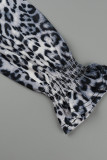Graues, lässiges Leoparden-Patchwork mit Gürtel, Umlegekragen und langen Ärmeln