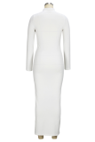 クリームホワイトのセクシーなパッチワークドローストリングハーフタートルネックペンシルスカートドレス