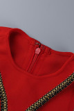 Rotes, sexy, festes, ärmelloses Patchwork-Kleid mit Schlitz und O-Ausschnitt