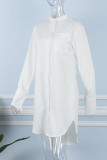 Weißes, lässiges, solides Patchwork-Umlegekragen-Hemdkleid mit langen Ärmeln