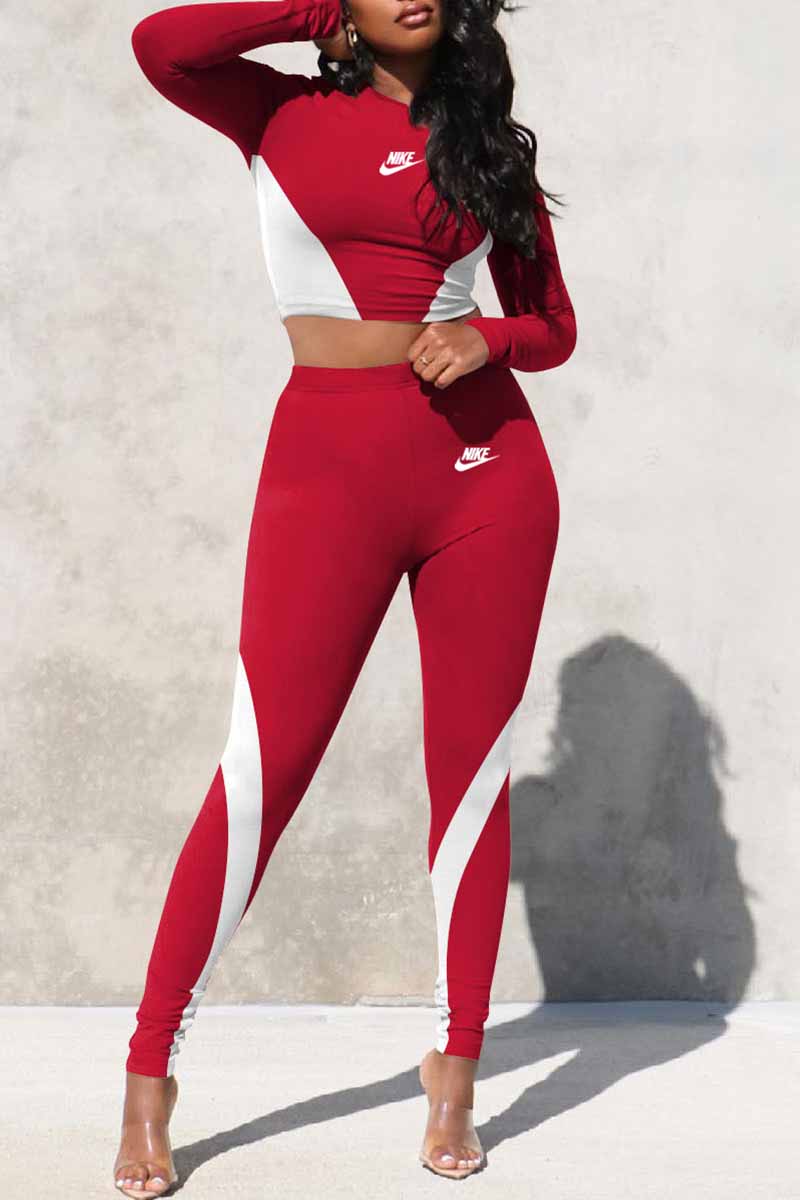 

Red Street Print Patchwork Letter O Neck Long Sleeve Two Pieces