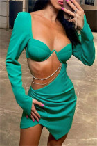 Grön sexig solid urholkad lapptäcke fyrkantig krage långärmade klänningar