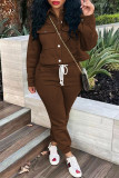 Coffee Casual Solid Patchwork Turndown Collar Long Sleeve Two Pieces
