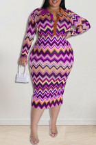パープル ファッション カジュアル プリント パッチワーク ターンダウン カラー ペンシル スカート プラス サイズ ドレス