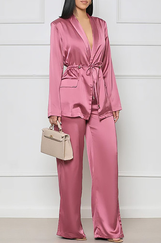 Pink Casual Solid Patchwork Turndown Collar Long Sleeve Two Pieces