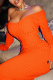 Оранжевые повседневные однотонные пэчворк V-образный вырез с длинным рукавом Платья больших размеров