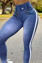 Hellblaue, lässige Sportswear-Druck-Patchwork-Röhrenhose mit hoher Taille