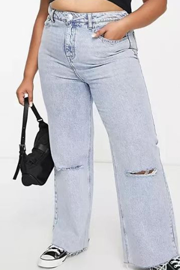 Ljusblå Casual Solid Ripped Patchwork Plus Size Jeans