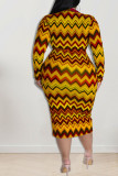 Kaki Mode Casual Print Patchwork Turndown Krage Pencil Skirt Plus Size Klänningar