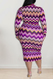 Gold Fashion Casual Print Patchwork Turndown Collar Pencil Skirt Plus Size Dresses